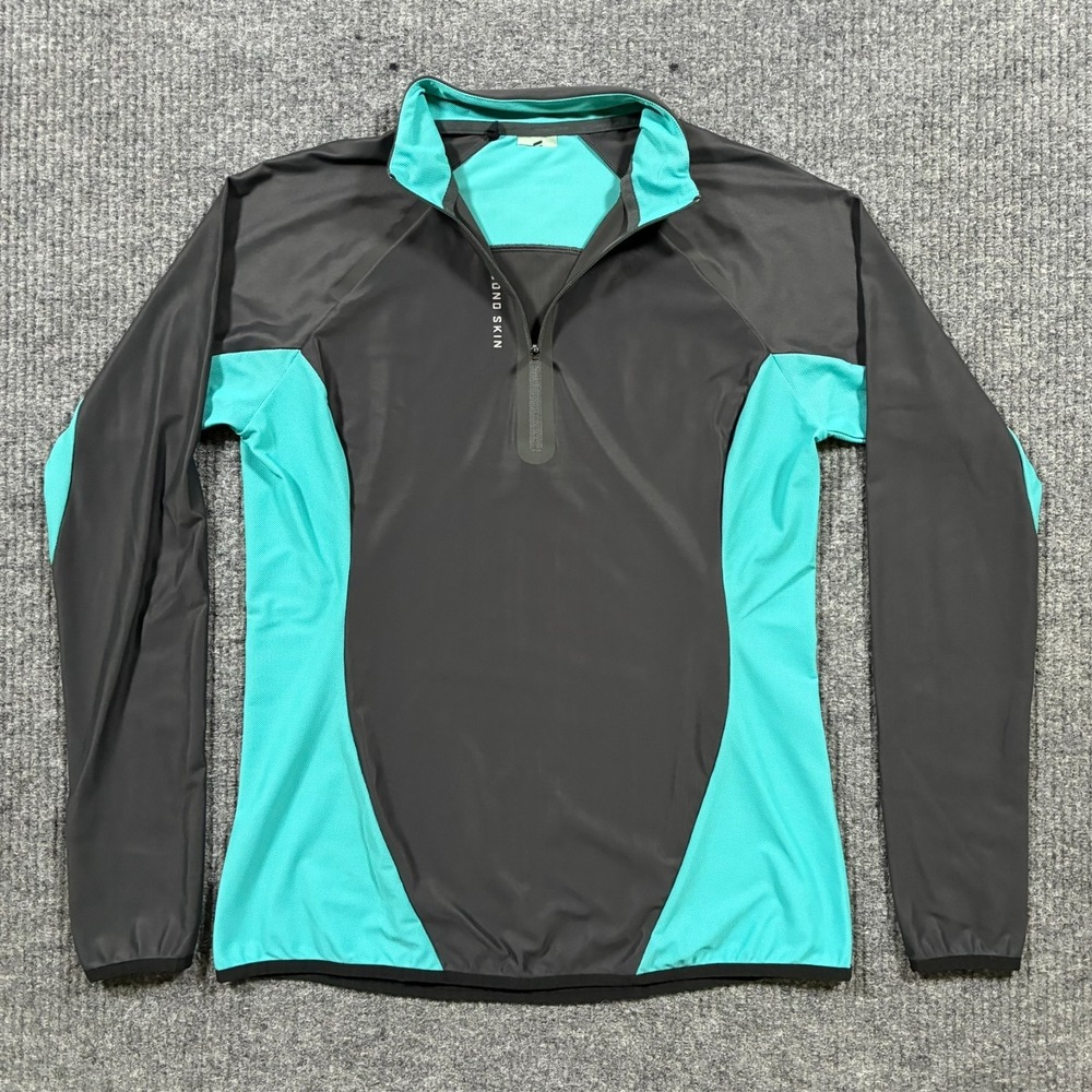 Second Skin Womens Pullover L Black Teal 1/4 Zip Athletic Stretch Long Sleeve